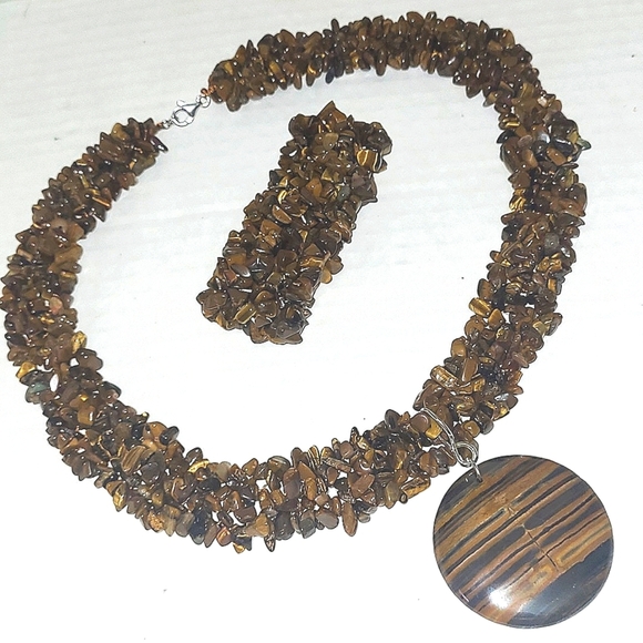 Tiger eye Necklace Set multiple strand large pendant matching bracelet New - Picture 1 of 3